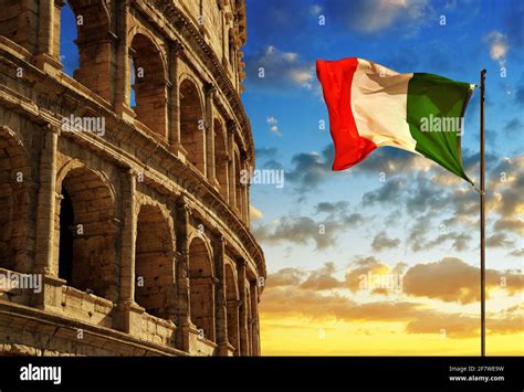 Italian flag with Flavian Amphitheatre or Colosseum at sunset. Rome ...