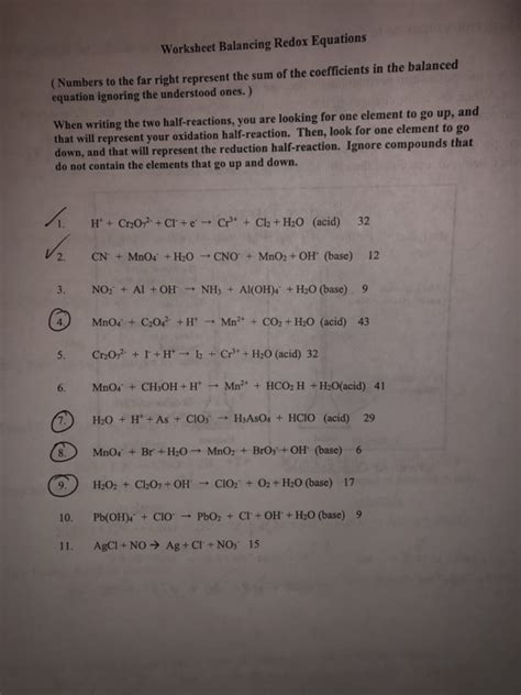 Solved Worksheet Balancing Redox Equations (Numbers to the | Chegg.com