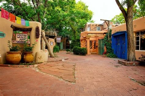 an alleyway with potted plants and trees on either side, surrounded by ...