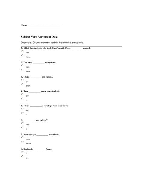 Subject Verb Agreement Quiz - 5 Free Templates in PDF, Word, Excel Download