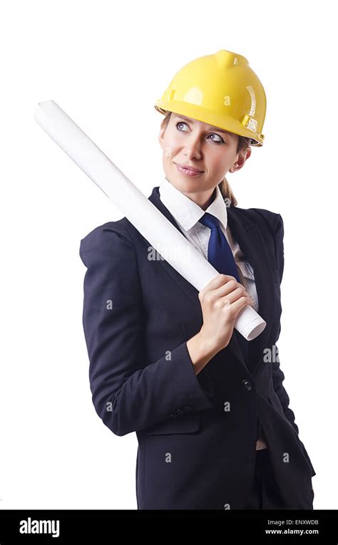 Woman architect with drawings on white Stock Photo - Alamy