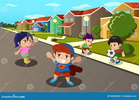 Kids Playing in the Street of a Suburban Neighborhood Stock Vector - Illustration of ...