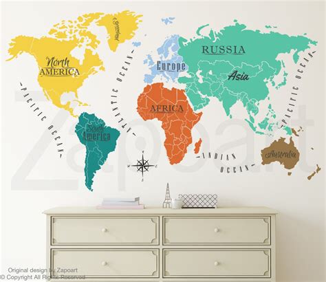 World Map Wall Decal Continents | World map wall decal, Map wall decal, World map with countries