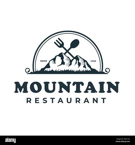 Mountain illustration in retro vintage style Restaurant Logo Mountain with Fork Spoon Vector ...