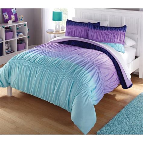 Girls Purple Blue Ombre Ruched Pintuck 3pc Comforter Set Twin Full ...