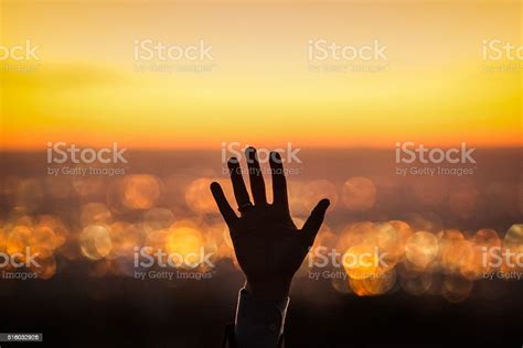 Hand Reaching Sunset Sky Landcape Man Stock Photo - Download Image Now ...