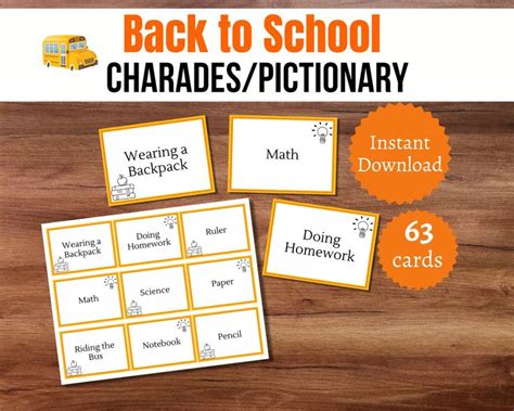 Back to School Games, Printable School Charades, School Pictionary Game, Back to School ...