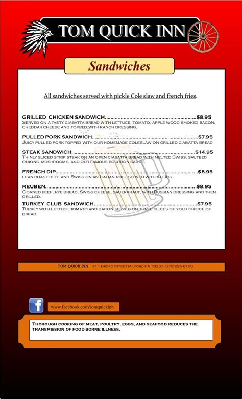 Tom Quick Inn Restaurant Menu Milford,PA