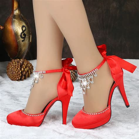 High Quality 2015 Red satin bow rhinestone high heels blank color bridal bridesmaid wedding ...