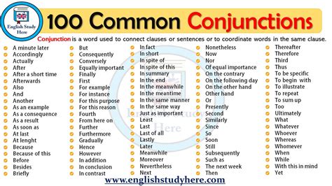 100 Common Conjunctions - English Study Here