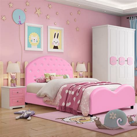 Costway Kids Children PU Upholstered Platform Wooden Princess Bed Bedroom Furniture Pink ...