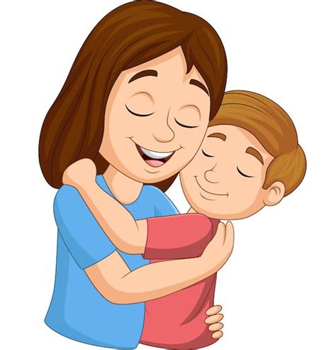 Madre feliz de dibujos animados abrazando a su hijo | Vector Premium