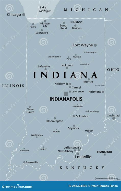 Indiana, IN, Gray Political Map, US State, The Hoosier State Vector ...