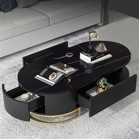 Black Oval Storage Coffee Table with Drawers Sintered Stone Gold Base | Homary | Coffee table ...