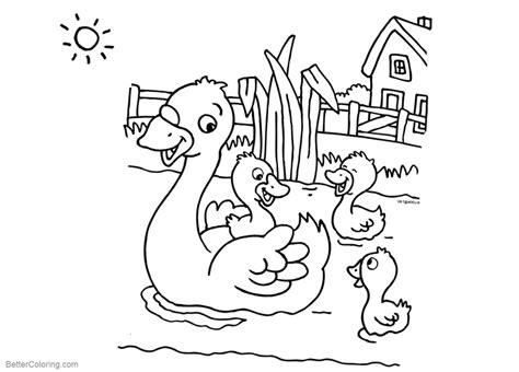 Pond Coloring Pages Four Ducks Swimming - Free Printable Coloring Pages