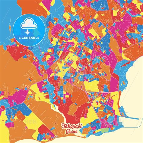 Takoradi, Ghana city map with crazy colors between red, blue and yellow for urban and rural ...