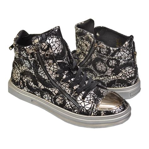 Fiesso Metallic Silver / Black Leather High Top Sneakers with Gold ...