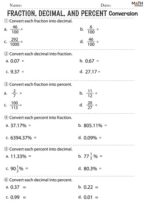 Decimals Percents And Fractions Worksheets