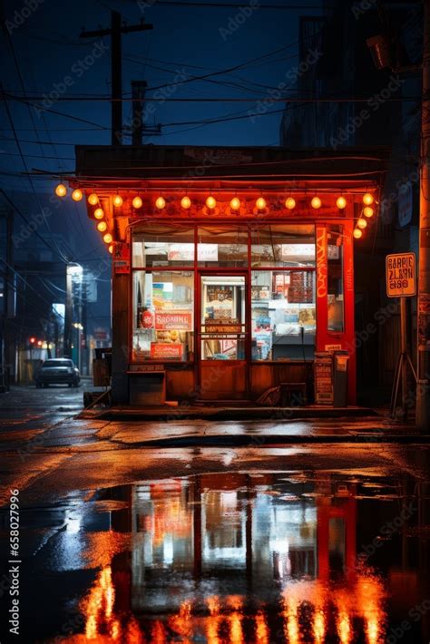 Convenience store's exterior at night, illuminated by neon lights ...