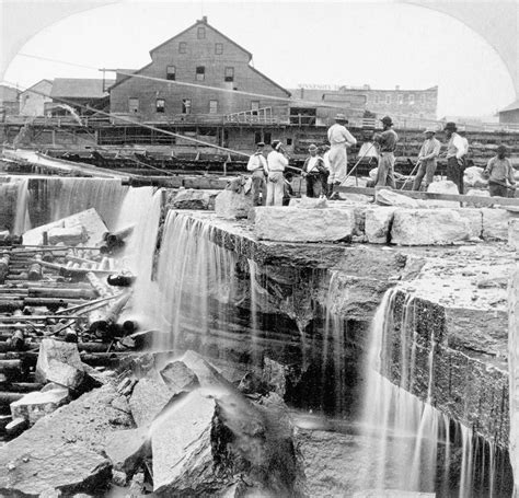 A History of Saint Anthony Falls. Workers build an apron at the falls. Image from Minnesota ...