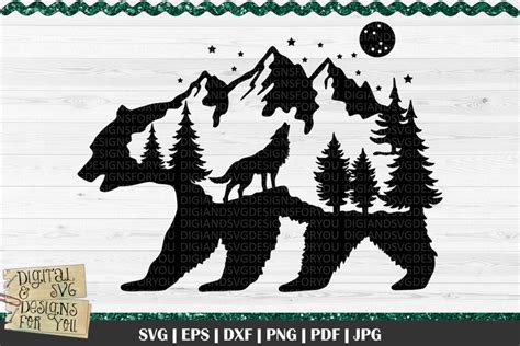 Silhouette Bear with howling wolf, pine trees svg, full moon