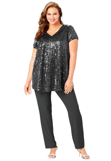 Roaman's - Roaman's Women's Plus Size Sequin Tunic & Pant Set Made in ...