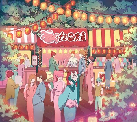 an anime scene with people standing in front of a food stand and lights hanging from the ceiling
