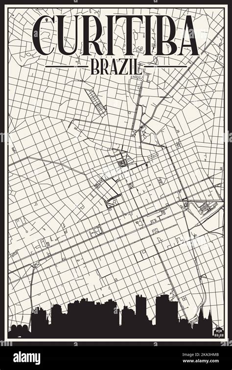 Hand-drawn downtown streets network printout map of CURITIBA, BRAZIL ...