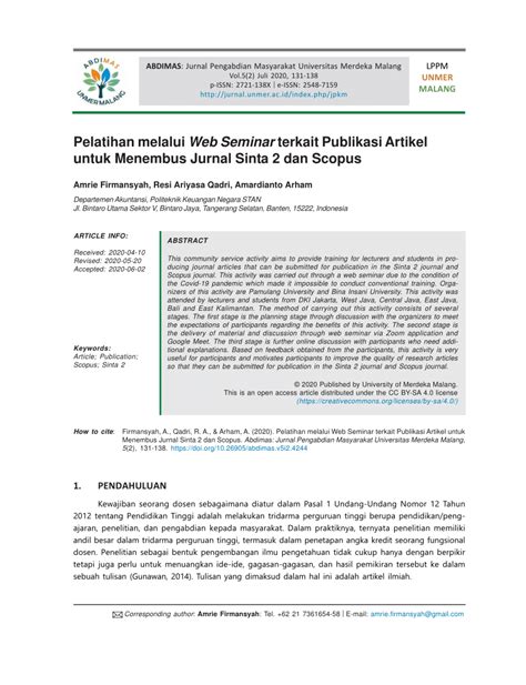 (PDF) Pelatihan melalui Web Seminar terkait Publikasi Artikel untuk Menembus Jurnal Sinta 2 dan ...