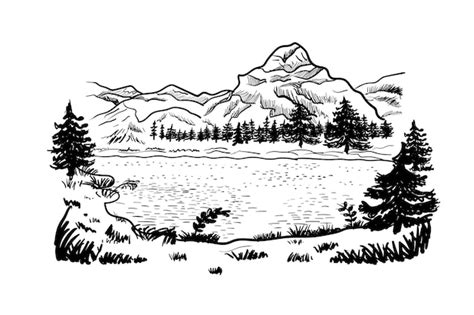 Premium Vector | Mountain lake outline sketch nature landscape vector illustration