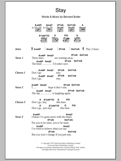 Stay by Bernard Butler - Guitar Chords/Lyrics - Guitar Instructor