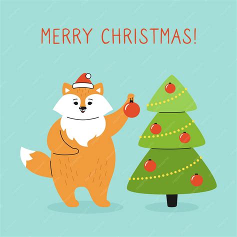 Premium Vector | Greeting christmas card, fox with decorating christmas tree