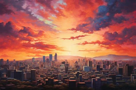 Premium AI Image | a sunset over a city with a sunset in the background.