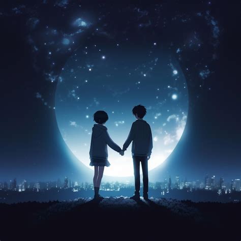 Anime couple holding hands in front of a full moon generative ai ...