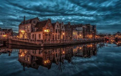 Download wallpapers Haarlem, evening, lights, channel, houses, Haarlem cityscape, Netherlands ...