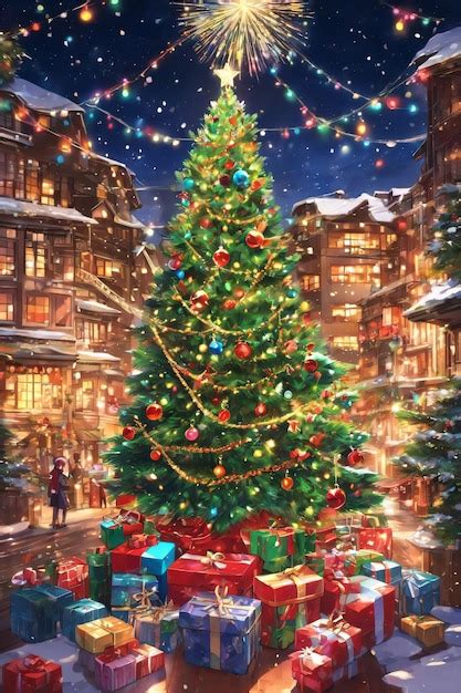 Premium AI Image | Anime style Christmas tree decorated with blinkers with gift boxes Aroundxmas ...