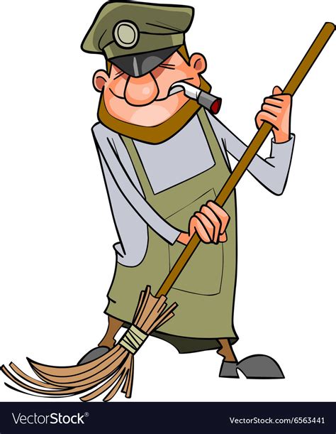 Cartoon man janitor sweeps broom Royalty Free Vector Image