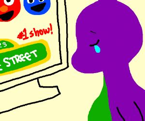 Barney is sad by the success of Sesame Street - Drawception