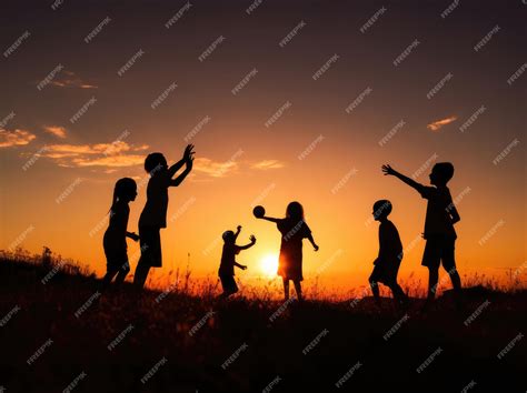 Premium Photo | Silhouettes of children playing against the backdrop of the sunset sky