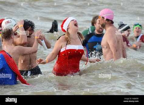 Boxing Day Swim. Southend on Sea, Essex, UK. Swimmers braved the icy ...