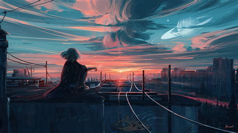 Anime Girl City Sunset Wallpaper