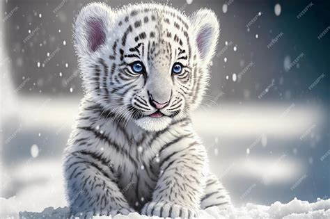 Premium Photo | Cute Baby white tiger on snow generative ai