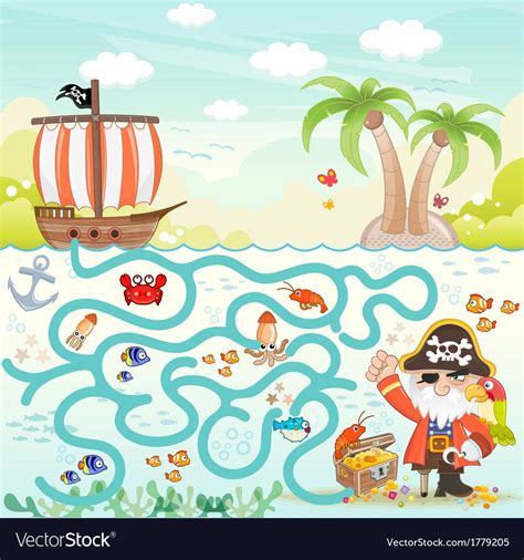 Funny maze game, Pirate try to find the treasure in the sea, illustrator Vector. Download a Free ...