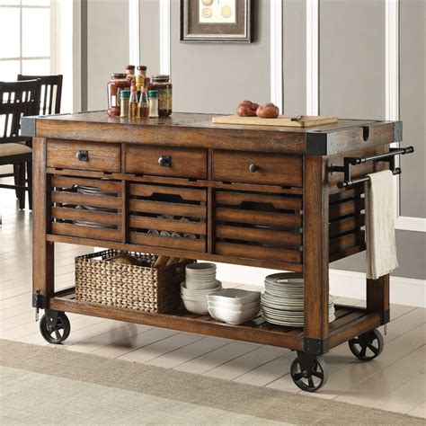 ACME Kaif 3-Drawer Wooden Kitchen Cart with 3 Baskets in Distress Chestnut
