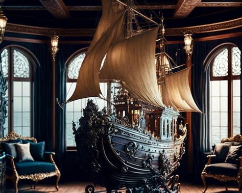 Premium Photo | A pirate ship in a room with windows