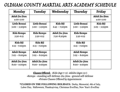 Class Schedule – Oldham County Martial Arts Academy