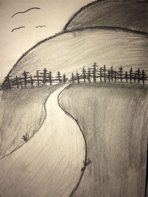 Easy charcoal art drawing for beginners mountains with trees and a ...