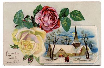 Vintage Clip Art - Winter Church Scene with Roses - The Graphics Fairy