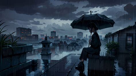 1920x1080 Resolution HD Sad Anime Girl in Dark Rain 1080P Laptop Full ...