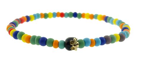 Gold Enameled Half Skull on Multicolor Beaded Bracelet | LUIS MORAIS